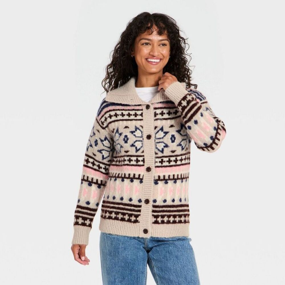 Women's Patterned Long Sleeve Cardigan - Universal Thread Tan M
